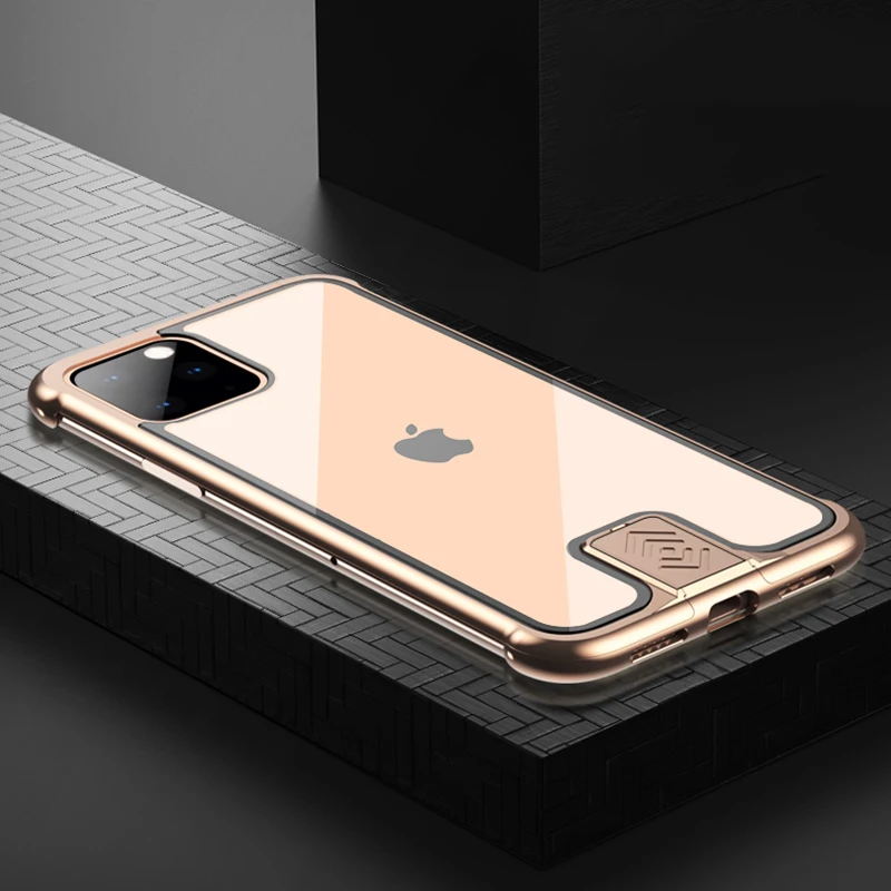 Gold Металлический бампер из закаленного стекла, чехол для телефона iPhone 11 Pro Max, роскошная прозрачная алюминиевая рамка, стеклянная задняя крышка для Apple iPhone 11 Pro 11Pro Max, ударопрочный чехол - Цвет: Gold