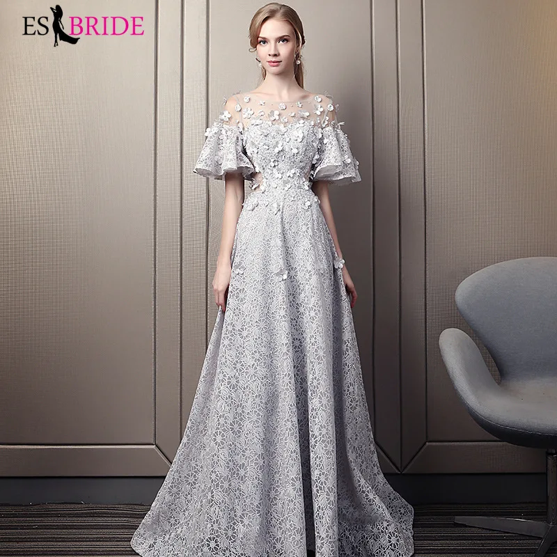 

Elegant Hollow Out Lace Evening Dresses ES2936-1 A-Line Rould neck Ruffles Sleeves Formal Party Dresses Robe De Soiree 2019