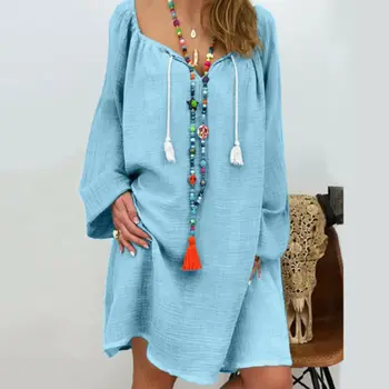 

Retro New Women Summer Autumn Boho Dress Loose Pullover Lace Up Tassel Plain Ladies Casual Long Sleeve Girls Dress Plus Size