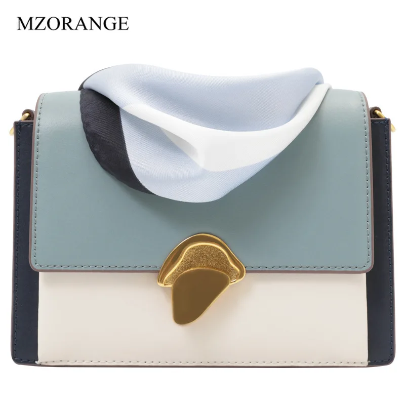 

Luxury Design Genuine Leather Women Handbag 2019 Color Matching Silk Scarf Small Square Organ Bag Female Shoulder Messenger Bags