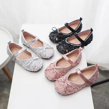

Children Leather Shoes Sweet Bowknot Hand-made Diamond Princess Shoes Cute Girls Party Shoes Hook Loop Baby Dancing Dress Shoes