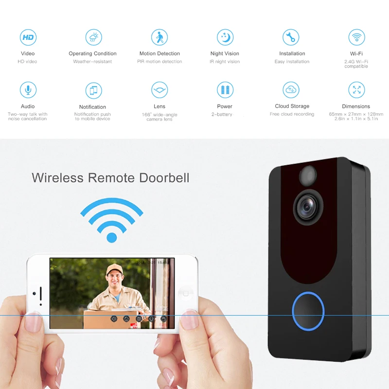 Дверной звонок 1080P Wi Fi умный беспроводной дверной V7 водонепроницаемый домофон