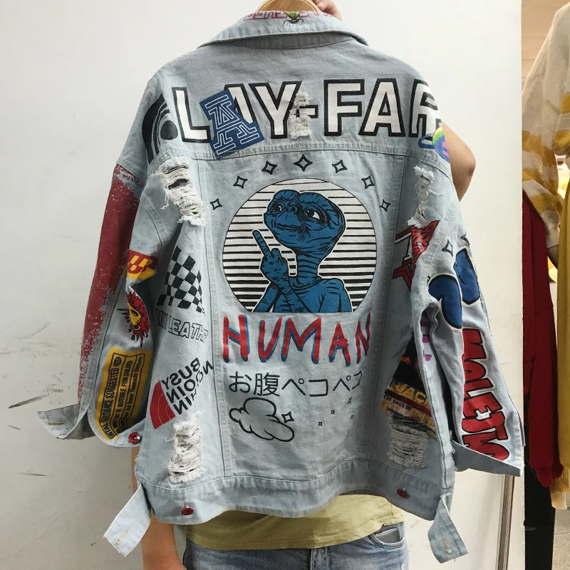 Джинсовая куртка для женщин Harajuku, джинсовые куртки, осенняя, с дырками, индивидуальный тренд, с буквенным принтом, Свободное пальто для женщин и мужчин