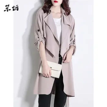 

Casual Chiffon Loose Women Spring Trench Coat 2019 Roll-up Sleeve Windbreaker Long Summer jaqueta feminina Thin Drape Coat f480