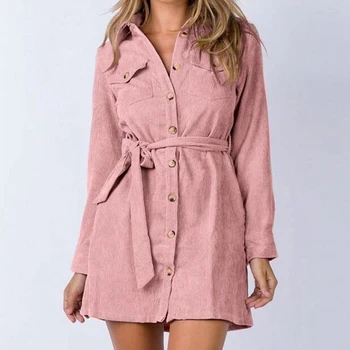 

OMILKA Front Button Corduroy Dress 2019 Autumn Winter Women Long Sleeve Turn Down Collar Pocket Bodycon Bandage Mini Dress
