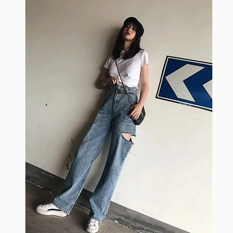 

Zoulv Straight-leg Pants, High-waisted Thin, Wide-legged, Washed, Worn-out Jeans, Women's Ripped Holes, Loose Cut Trend Trousers