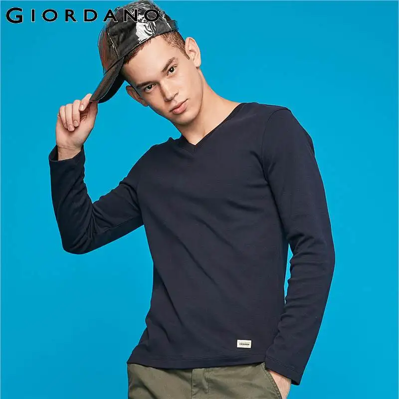 Giordano Мужская футболка Толстая хлопок с длинным рукавом мужская одежда с v-образным вырезом Slim Fit Camiseta Masculina Ropa Hombre De Marca 01029802