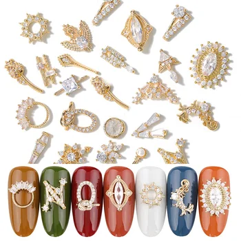 

2 Pcs/Pack Metal Gold Color 3D Nail Art Decorations With Rhinestone Stones Pearl Pendant Mixes Rose Shape Studs Nail Accessories