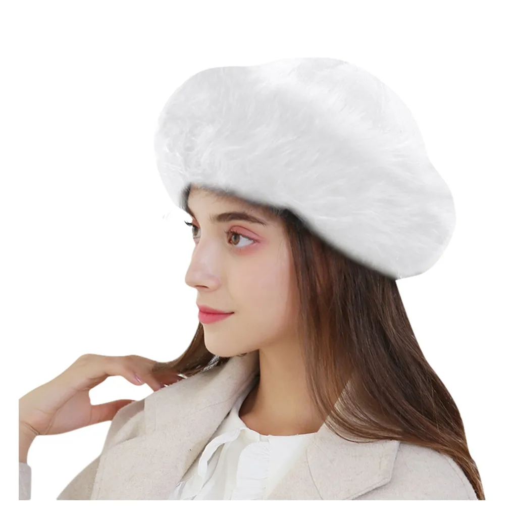 Зимние шляпы из искусственного меха Модные женские зимние монгольские русские уличные шапки однотонные толстые теплые однотонные наушники шерстяные шапки - Цвет: Белый