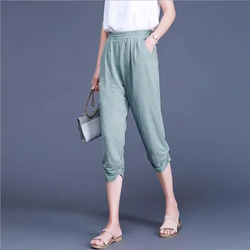 

Women Summer Flax Calf-Length Pants Cotton Trousers High Waist Lady's Loose and Comfortable Girls' Casual Cloth Daily Garments