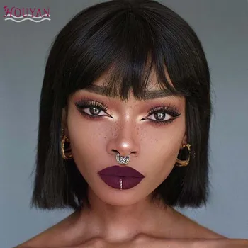

HOUYAN 12-inch straight wig with bangs female light brown / black wig high temperature resistant