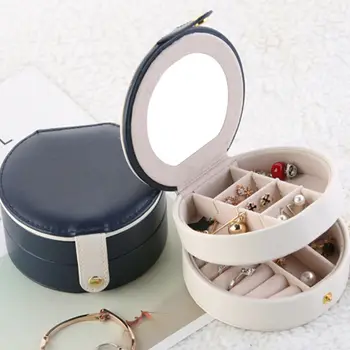 

Round Jewelry Box Two-tier System With Mirror Jewel Box Portable Jewelry Storage Box Organizer PU Case