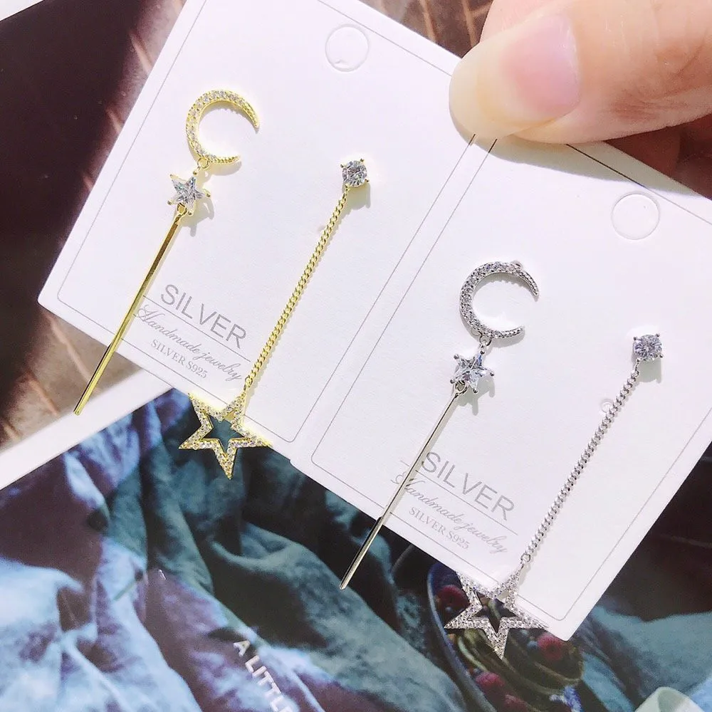 

Real Real 925 Sterling Silver Tassel Dangle Earrings Women Refinement Moon Drop Earrings Shaking Chain with Star Mosaic Zirconia