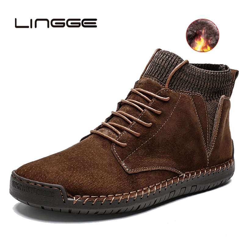 LINGGE Brand Winter Men Snow Boots High Quality Cow Suede Men Ankle Boots Men Shoes Plush Autumn Basic Drive Boots Big Size 48