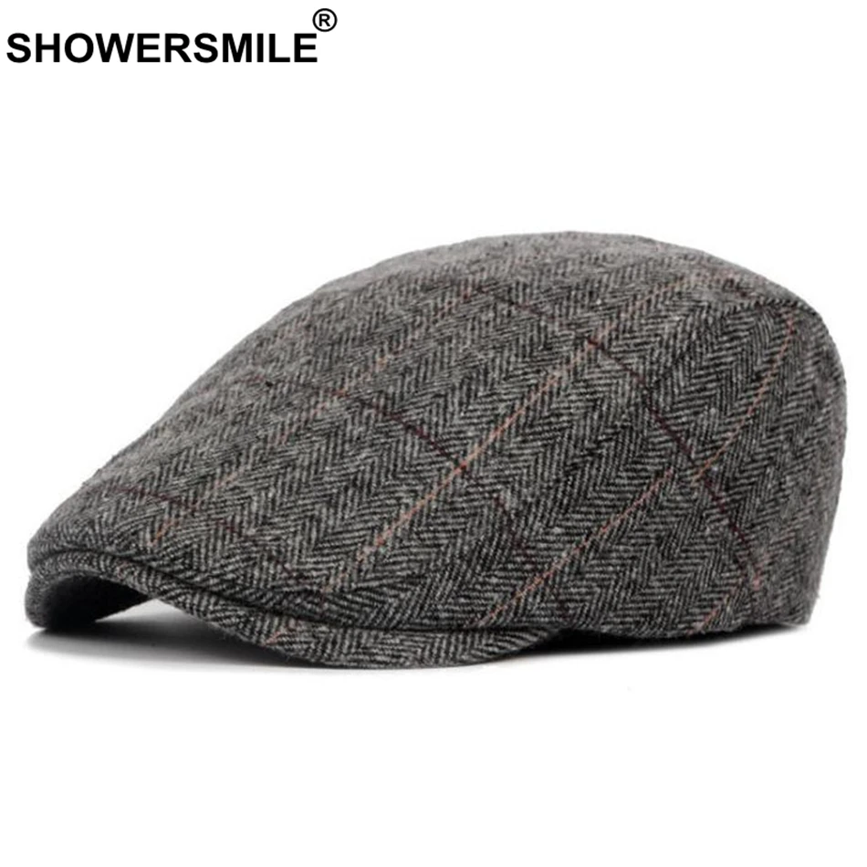 SHOWERSMILE/серая клетчатая шапка берет Мужская шерстяная твидовая с узором в елочку