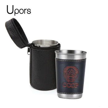 

UPORS 1/2/6OZ 4Pcs/Set Stainless Steel Hip Flask Wine Cups with PU Leather Cover Russia CCCP Whiskey Alcohol Portable wine glass