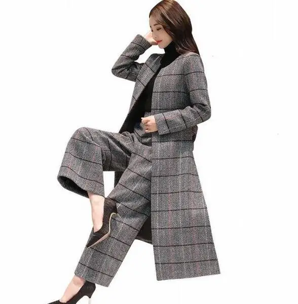 Шерстяное пальто в клетку Женский комплект 2 шт. широкий брючный штаны