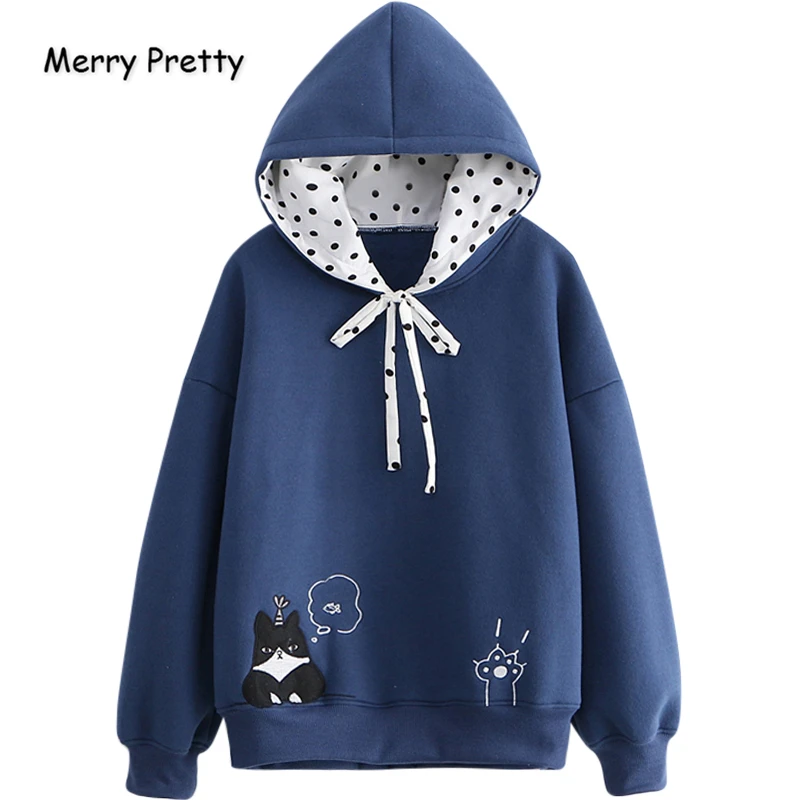 MERRY PRETTY женские толстовки с капюшоном Harajuku мультфильм кошка вышивка толстовки зимние плюс бархатные пуловеры в горошек спортивный костюм