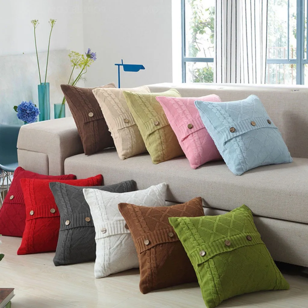 

Cushion Cover Retro Style Knitted Wool Pillow Case Button Sofa Waits Bedroom Decorative Pillows Capa Square Throw Pillow Cover