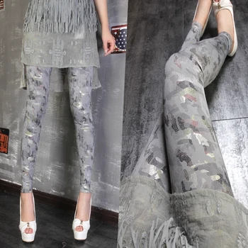 

Womens Leggings Spring and Summer New Cool Fashion Camouflage Gray High Waist Stretch Leggings Thin Trousers Women's Leggins