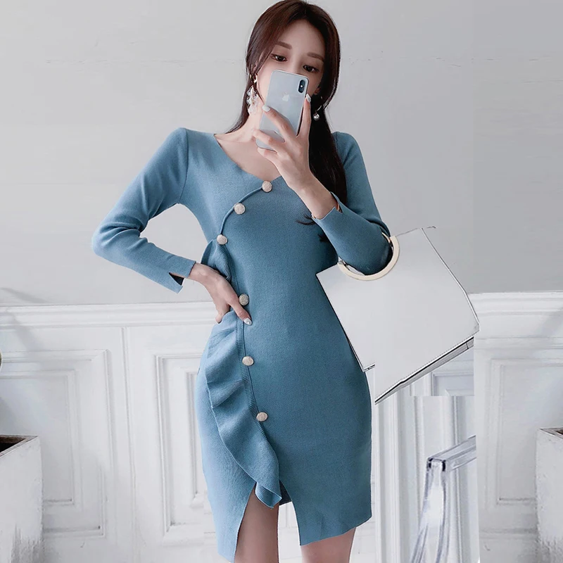 

Autumn Knitted Women Cloth O-Neck Ruffles Mini Bodycon Sheath Sexy Female Sweater Dress
