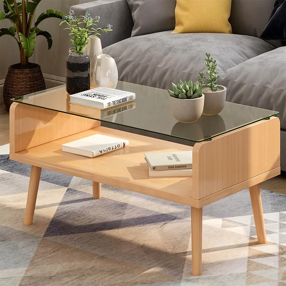 

Glass Wooden Coffee Table Modern Minimalist Decoration Table Enough Storage Space Stable Durable Noble Living Room Furniture