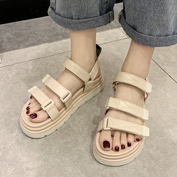 

2020 Summer Women Sandals Solid Color Simple Fashion Cutout Thick Bottom Convenient Velcro Street Style Leisure Women Sandals
