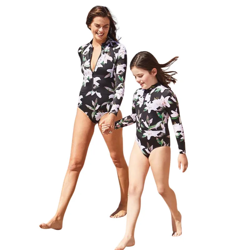 Parent-Child Floral Printed One-piece Swimsuit Long Sleeve Front Zipper Swimwear Sun-proof Diving Suit Beachwear Girls Bikini