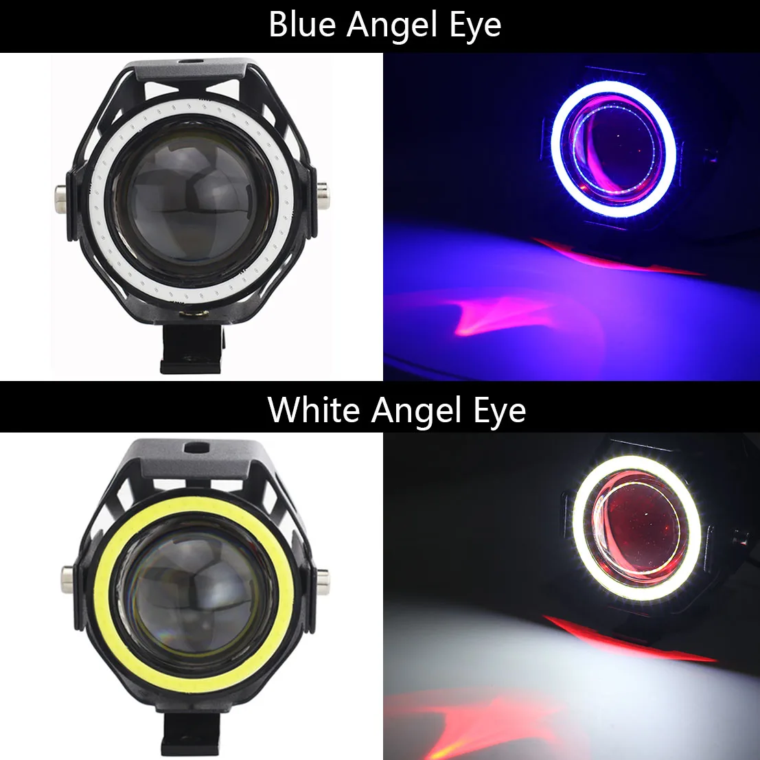 YaeCCC Motorcycle Headlight LED Fog Lights Spotlight Daytime Running Lights with White Angel Eyes Halo Ring and Switch 125W 2-Sets 