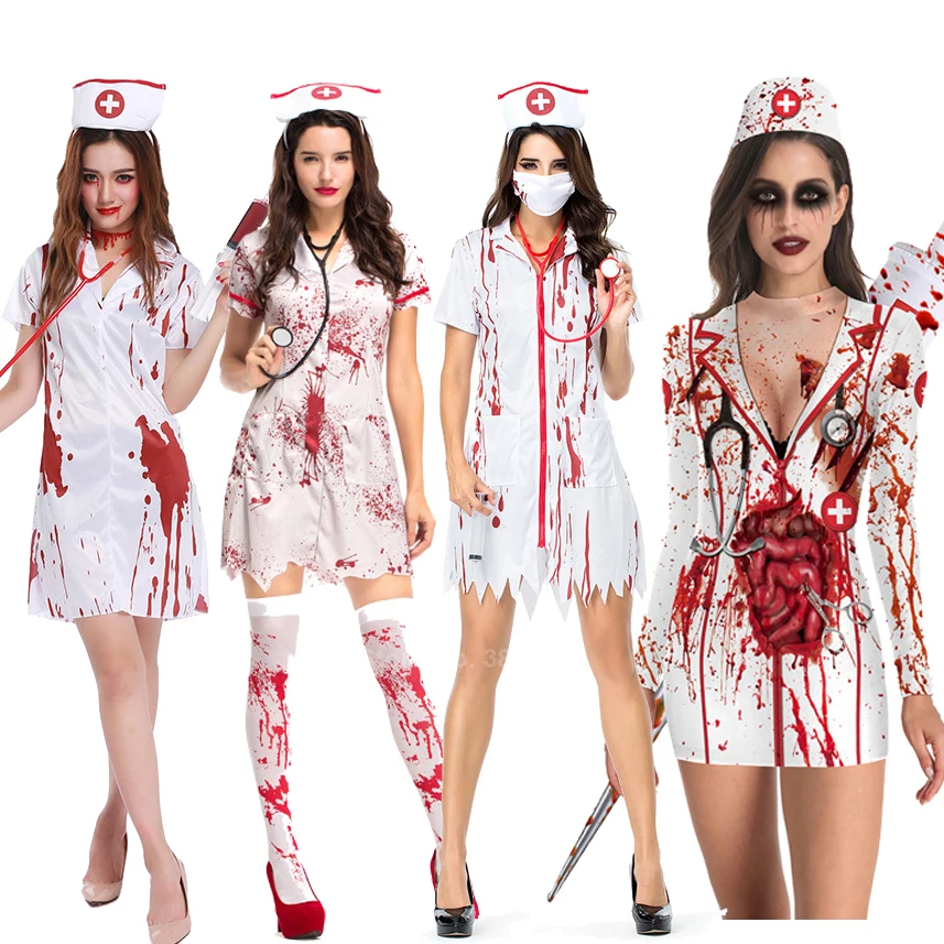 

Sexy Bloody Nurse Uniform Halloween Cosplay Costumes for Women White Red Blood Scary Horror Hospital Doctor Dress Carnival Party
