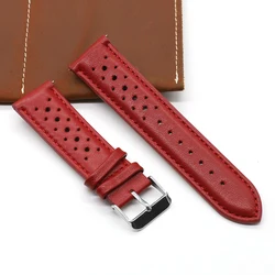 Elegant Handmade Leather Watch Strap - Breathable Porous Design in Black, Brown, and Blue - 22mm (Red)
