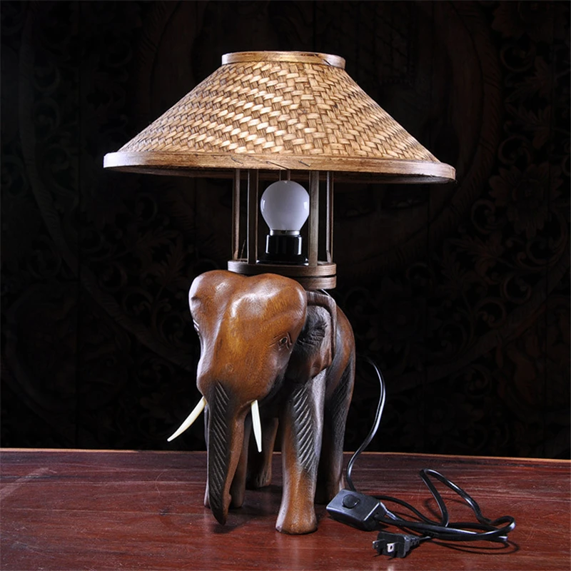 

Southeast Asian Wooden Elephant Crafts Decor Table Lamps for Living Room Bedside Lamp Table Lights Retro Wood Lighting Luminaire