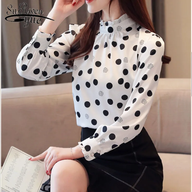 

2019 Autumn Fashion Women Chiffon Shirts Casual Stand Collar Women Tops Long Sleeve Polka Dot Women Blouses 6113 50