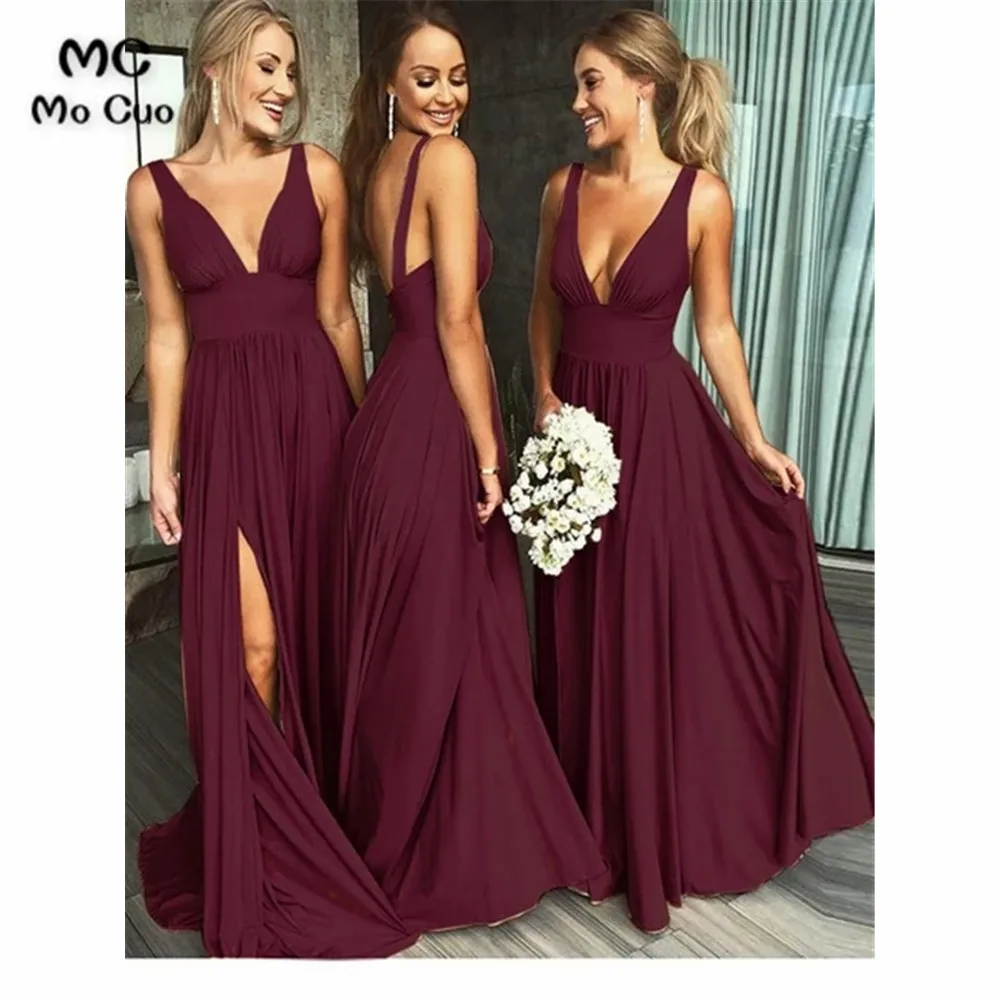 

In Stock Burgundy 2019 wedding party dress Bridesmaid Dresses Long Straps Pleat V-Neck Slit Chiffon Bridesmaid Dress for Women