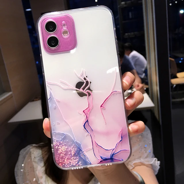 Watercolor Painting Phone Case For iPhone 13 Pro Max 12 Mini 11 X XR XS 7 8 Plus 6S Colorful Marble Clear Soft Shockproof Cover pink