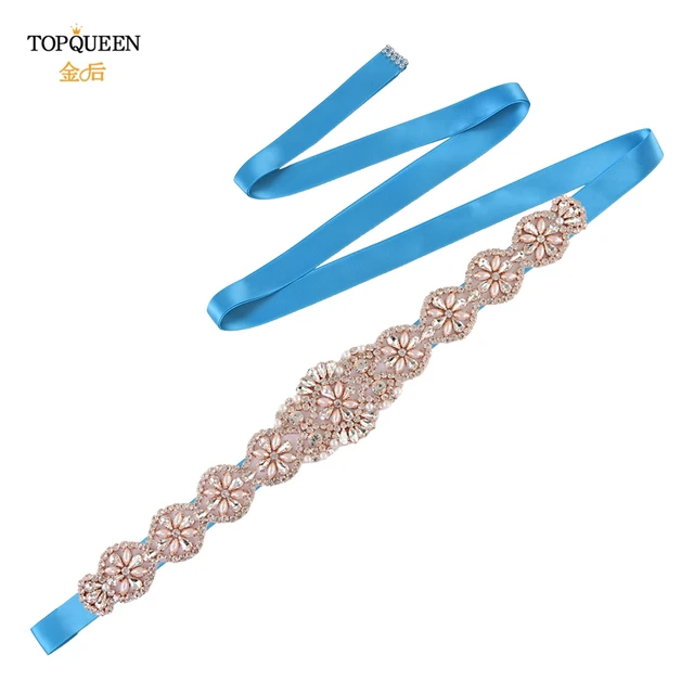 TOPQUEEN S161-RG Bridal Wedding Rose Gold Party Belts for Women Fashion Rhinestone Ribbon Fancy Sash Formal Prom Dress Belt Blue Ribbon