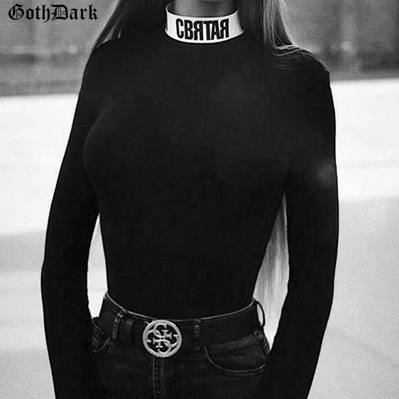 Goth Dark Long Sleeve Black Women Bodysuits Letter Print Skinny Bodycon 2020 Fashion Punk Grunge Bodysuit Streetwear Female Slim Goth Dark Long Sleeve Black Women Bodysuits Letter Print Skinny Bodycon 2020 Fashion Punk Grunge Bodysuit Streetwear Female Slim