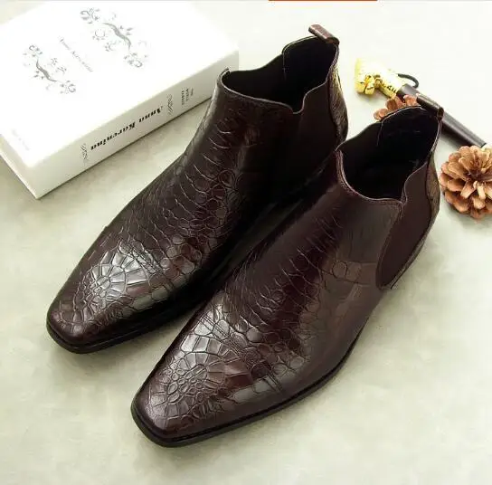 

2 colour Fashion men slip-on Ankle boots Genuine Leather square toe Crocodile sleeve Chelsea boots party wedding shoes