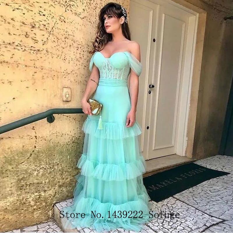

Mint Sweetheart Off The Shoulder Evening Dresses Prom Tiered Pleat Tulle Vestidos De Fiesta Robe De Soiree Plus Size