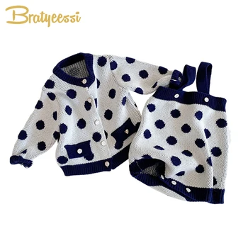 

2020 Knitted Baby Girl Outfits Sweet Dot Baby Girl Clothes Set Long Sleeve Coat and Romper Toddler Costume Kids Clothing 0-3Y