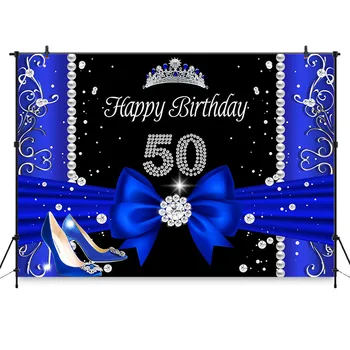 

Photography Backdrop Woman 50th Birthday Party Background Customize Backdrop Diamond High Heels Blue Birthday Banner Photobooth