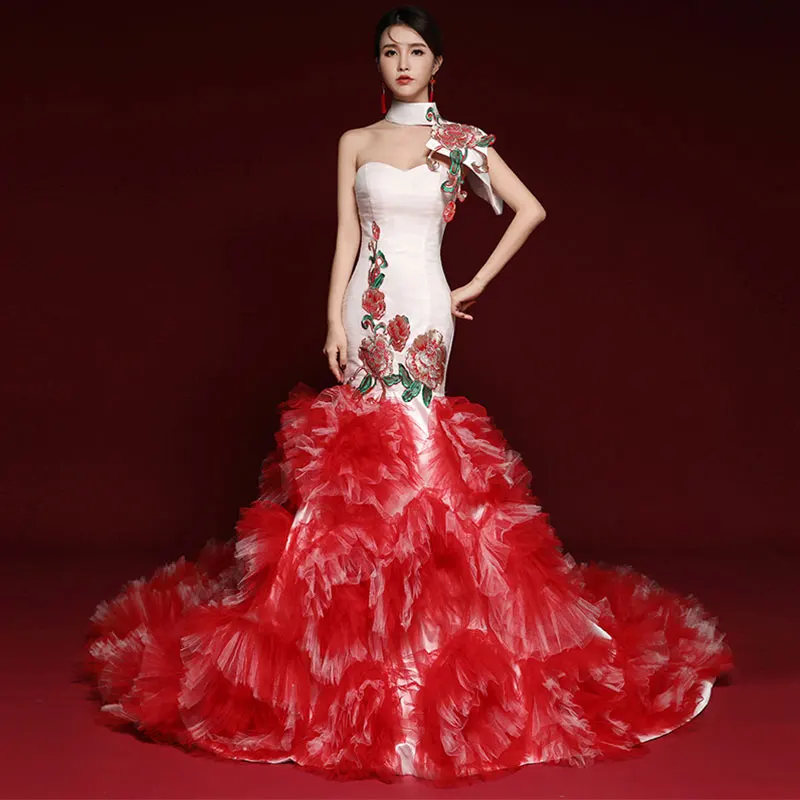 Платье в китайском стиле, Сетчатое, с вышивкой, для дня рождения, для празднования, женское платье, для выпускного вечера, для сцены, для певицы, танцора, длинное платье со шлейфом