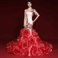 Платье в китайском стиле, Сетчатое, с вышивкой, для дня рождения, для празднования, женское платье, для выпускного вечера, для сцены, для певицы, танцора, длинное платье со шлейфом