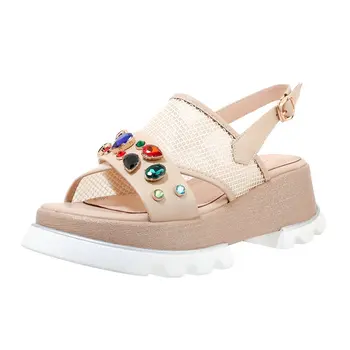 

Vintage Genuine Leather Sandals Platforms Popular Patchwork Wedged Shoes 2020 Summer Classic Design Working Shoes Woman