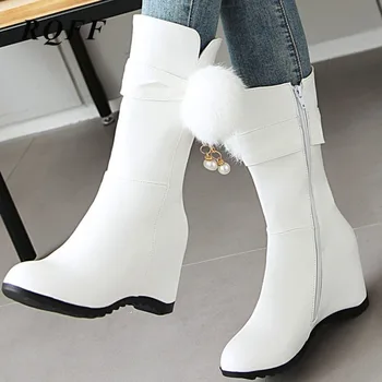 

2019 New Winter Autumn Boots Women Plus Size 33-44 Mid Calf Boot Zip Woman Pu Leather Height Increasing Wedge Snow Black Shoes