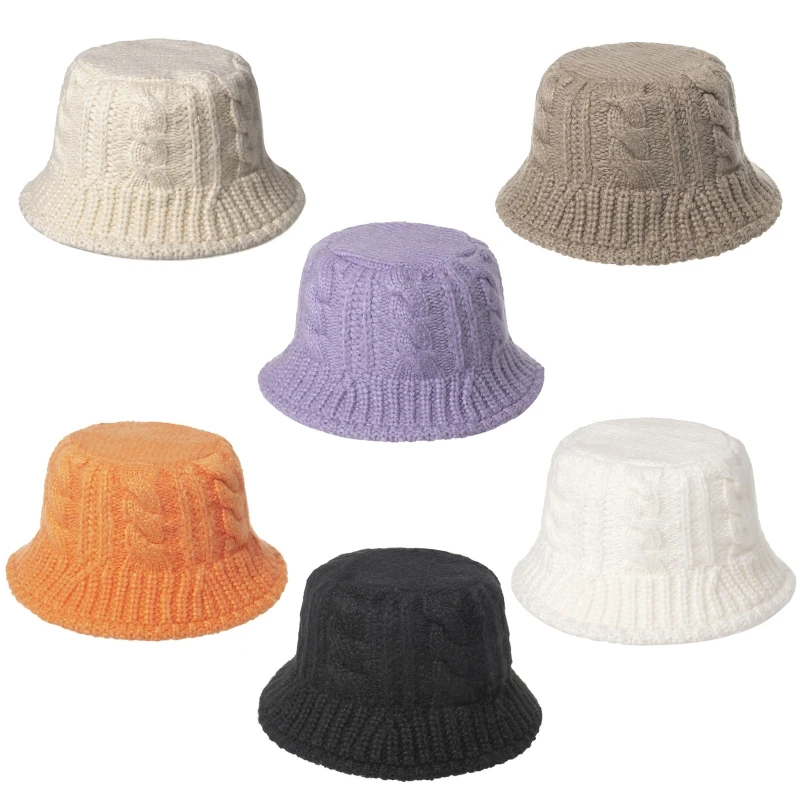 

Unisex Chunky Cable Knit Bucket Hat Solid Color Windproof Warm Fisherman Cap 649C