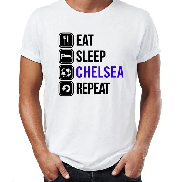 Eat Sleep Chelsea Mens T-shirt - Funny Premier FC Football Fan Christmas T Shirt | Мужская одежда