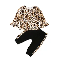 Детские леопардовые хлопковые топы с длинными рукавами для маленьких девочек, штаны, леггинсы, комплект одежды, спортивный костюм, Осенний