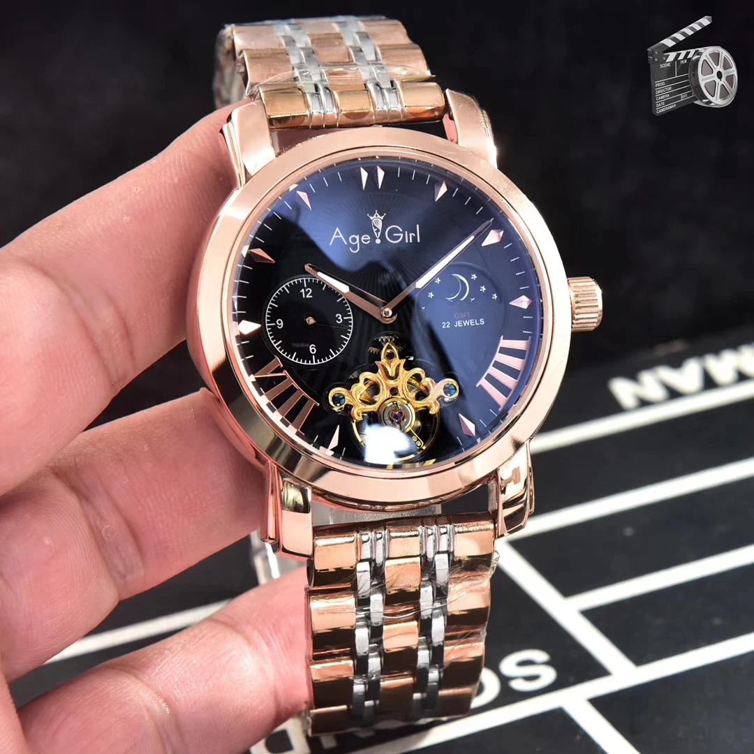 

Luxury Brand New Men Automatic Mechanical Sapphire Stainless Steel Rose Gold Black MoonPhase Luminous Rome Tourbillion Watch
