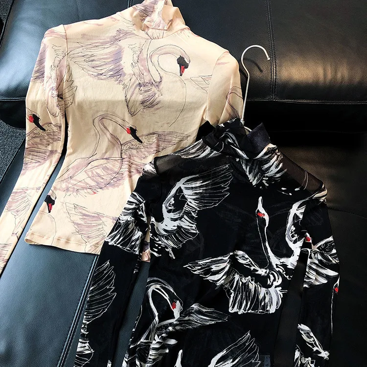 

Swan Pattern Bottoming Shirt Mesh Printed Top Female 2020 New Autumn Non-Mainstream Slim Turtleneck Long Sleeve Bottoming Shirt